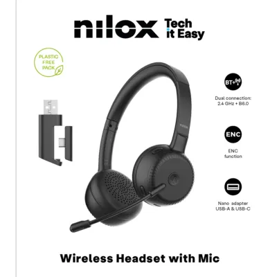 nilox - Bezdrôtový Stereo Headset s mikrofónom, Bluetooth, Dongle USB-C/USB-A, ENC, čierna