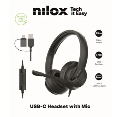 nilox - Stereo Headset s mikrofónom, USB-C/USB-A, ENC, čierna