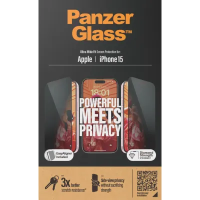 PanzerGlass - Tvrdené sklo UWF Privacy s aplikátorom pre iPhone 15, čierna