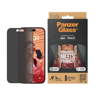 PanzerGlass - Tvrdené sklo UWF Privacy s aplikátorom pre iPhone 15, čierna