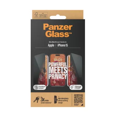 PanzerGlass - Tvrdené sklo UWF Privacy s aplikátorom pre iPhone 15, čierna