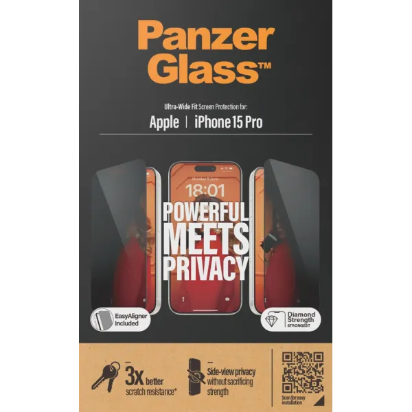 PanzerGlass - Tvrdené sklo UWF Privacy s aplikátorom pre iPhone 15 Pro, čierna