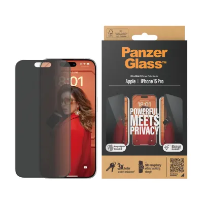 PanzerGlass - Tvrdené sklo UWF Privacy s aplikátorom pre iPhone 15 Pro, čierna