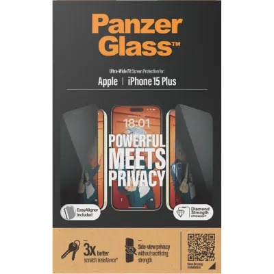 PanzerGlass - Tvrdené sklo UWF Privacy s aplikátorom pre iPhone 15 Plus, čierna