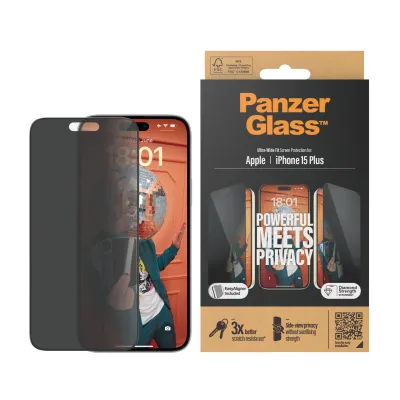 PanzerGlass - Tvrdené sklo UWF Privacy s aplikátorom pre iPhone 15 Plus, čierna