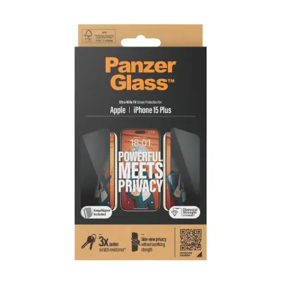 PanzerGlass - Tvrdené sklo UWF Privacy s aplikátorom pre iPhone 15 Plus, čierna