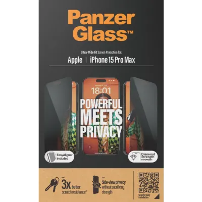 PanzerGlass - Tvrdené sklo UWF Privacy s aplikátorom pre iPhone 15 Pro Max, čierna