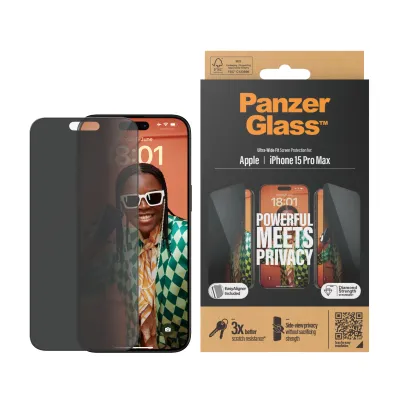 PanzerGlass - Tvrdené sklo UWF Privacy s aplikátorom pre iPhone 15 Pro Max, čierna