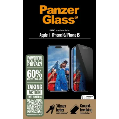 PanzerGlass - Tvrdené sklo UWF Privacy s aplikátorom pre iPhone 16/15, čierna