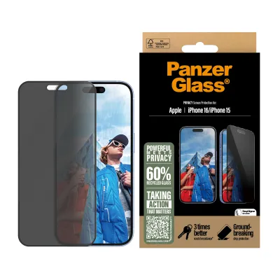 PanzerGlass - Tvrdené sklo UWF Privacy s aplikátorom pre iPhone 16/15, čierna