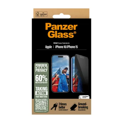 PanzerGlass - Tvrdené sklo UWF Privacy s aplikátorom pre iPhone 16/15, čierna