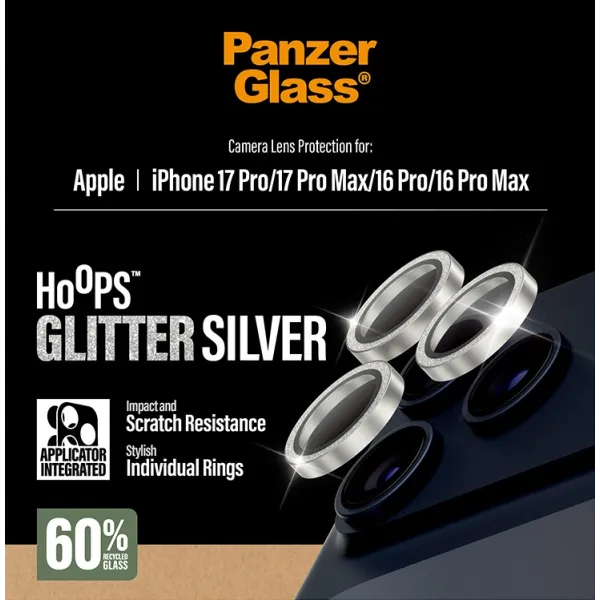 PanzerGlass - Ochranný kryt objektívu Hoops pre iPhone 17 Pro Max/17 Pro/16 Pro Max/16 Pro, glitter silver