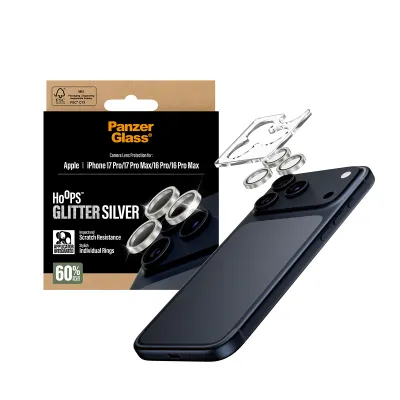 PanzerGlass - Ochranný kryt objektívu Hoops pre iPhone 17 Pro Max/17 Pro/16 Pro Max/16 Pro, glitter silver