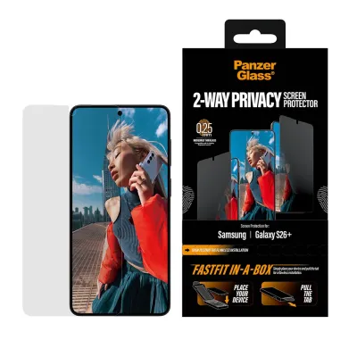 PanzerGlass - Tvrdené sklo UWF 2-Way Privacy s FASTFIT In-A-Box pre Samsung Galaxy S26+, číra