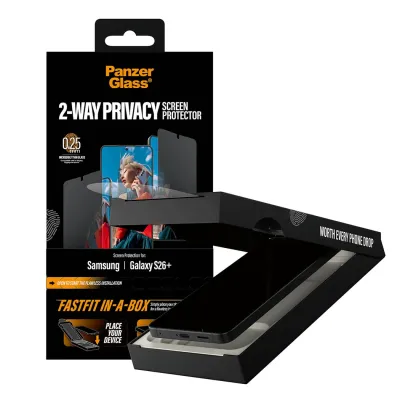 PanzerGlass - Tvrdené sklo UWF 2-Way Privacy s FASTFIT In-A-Box pre Samsung Galaxy S26+, číra
