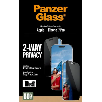 PanzerGlass - Tvrdené sklo UWF 2-Way Privacy s aplikátorom pre iPhone 17 Pro, čierna
