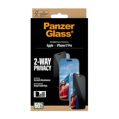 PanzerGlass - Tvrdené sklo UWF 2-Way Privacy s aplikátorom pre iPhone 17 Pro, čierna