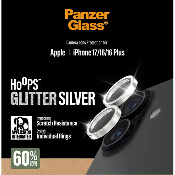 PanzerGlass - Ochranný kryt objektívu Hoops pre iPhone 17/16 Plus/16, glitter silver