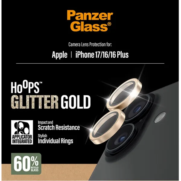 PanzerGlass - Ochranný kryt objektívu Hoops pre iPhone 17/16 Plus/16, glitter gold