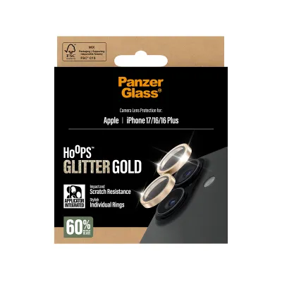 PanzerGlass - Ochranný kryt objektívu Hoops pre iPhone 17/16 Plus/16, glitter gold