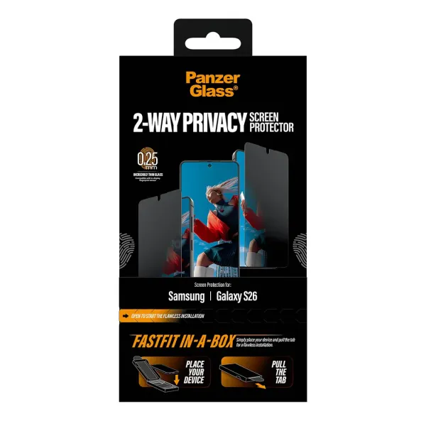 PanzerGlass - Tvrdené sklo UWF 2-Way Privacy s FASTFIT In-A-Box pre Samsung Galaxy S26, číra