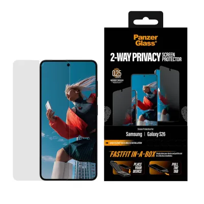 PanzerGlass - Tvrdené sklo UWF 2-Way Privacy s FASTFIT In-A-Box pre Samsung Galaxy S26, číra