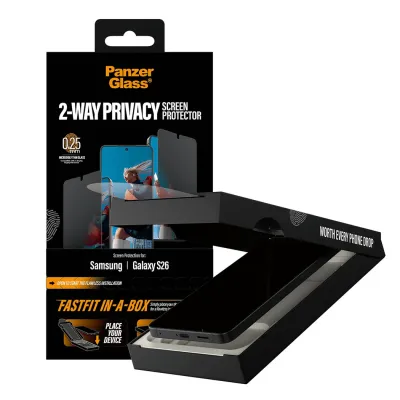 PanzerGlass - Tvrdené sklo UWF 2-Way Privacy s FASTFIT In-A-Box pre Samsung Galaxy S26, číra