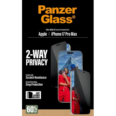 PanzerGlass - Tvrdené sklo UWF 2-Way Privacy s aplikátorom pre iPhone 17 Pro Max, čierna