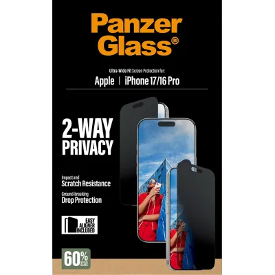 PanzerGlass - Tvrdené sklo UWF 2-Way Privacy s aplikátorom pre iPhone 17/16 Pro, čierna