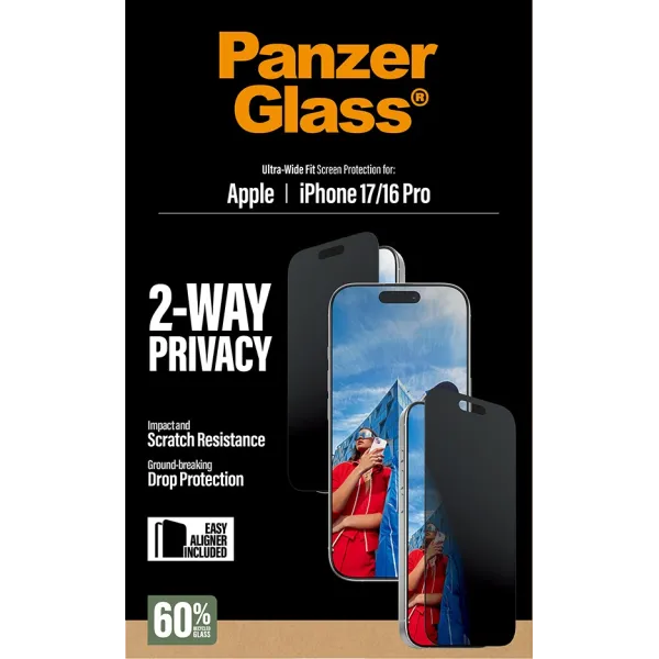 PanzerGlass - Tvrdené sklo UWF 2-Way Privacy s aplikátorom pre iPhone 17/16 Pro, čierna