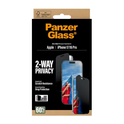 PanzerGlass - Tvrdené sklo UWF 2-Way Privacy s aplikátorom pre iPhone 17/16 Pro, čierna