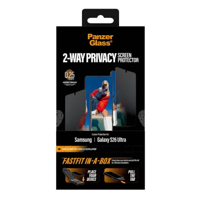 PanzerGlass - Tvrdené sklo UWF 2-Way Privacy s FASTFIT In-A-Box pre Samsung Galaxy S26 Ultra, číra