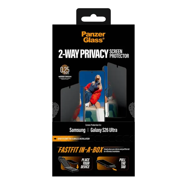 PanzerGlass - Tvrdené sklo UWF 2-Way Privacy s FASTFIT In-A-Box pre Samsung Galaxy S26 Ultra, číra