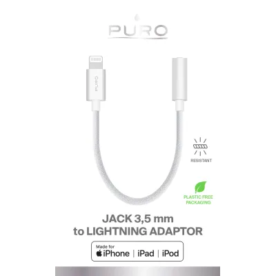 PURO - Adaptér FABK4 Lightning/jack 3,5 mm female, 15 cm, biela