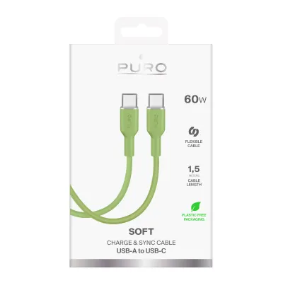 PURO - Kábel USB-C/USB-C 25 W, Soft, 1,5 m, salted lime