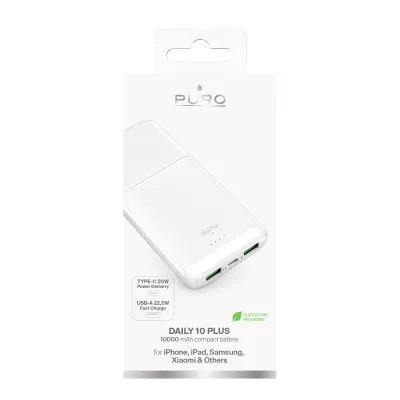 PURO - PowerBank 10000 mAh, 20 W, DAILY 10 PLUS, USB-C/USB-A, biela