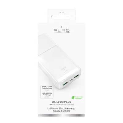 PURO - PowerBank 20000 mAh, 20 W, DAILY 20 PLUS, USB-C/USB-A, biela