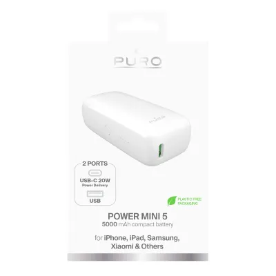 PURO - PowerBank 5000 mAh, 20 W, Power Delivery, Power Mini 5, USB-C/USB-A, biela
