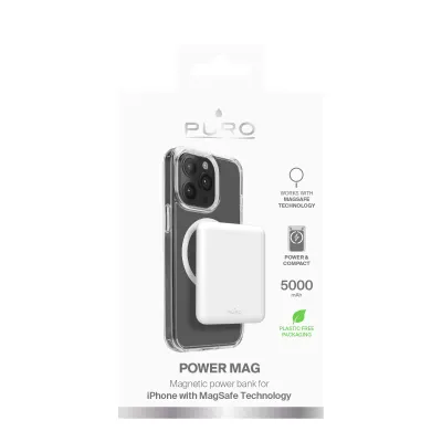 PURO - PowerBank 5000 mAh 10 W, kompatibilná s MagSafe, Power Mag, USB-C, biela