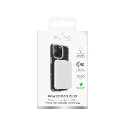 PURO - PowerBank 5000 mAh 15 W, MagSafe/QI2, Power Mag Plus, USB-C, biela