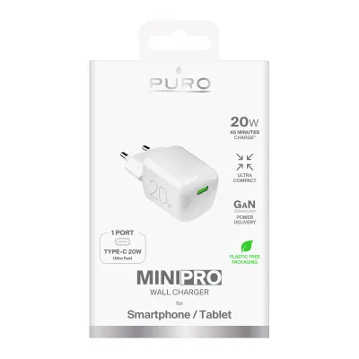 PURO - Cestovný adaptér MiniPro USB-C, GaN, 20 W, biela