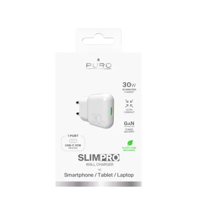 PURO - Cestovný adaptér Slim Pro USB-C, GaN, 30 W, PD, biela