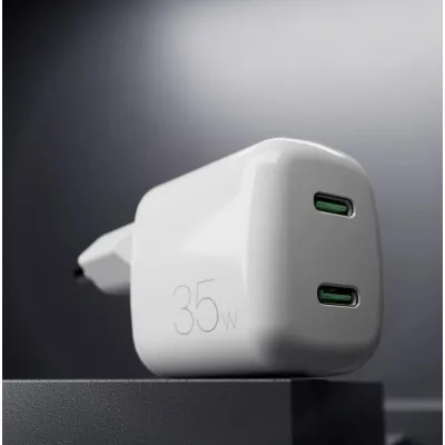 PURO - Cestovný adaptér MiniPro 2x USB-C, GaN, 35 W, biela