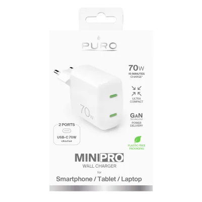 PURO - Cestovný adaptér MiniPro 2x USB-C, GaN, 70 W, biela