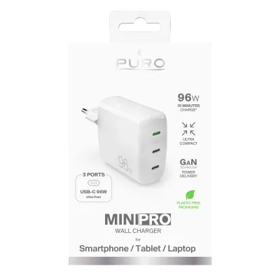 PURO - Cestovný adaptér 3x USB-C, GaN, MINI PRO, 96 W, biela