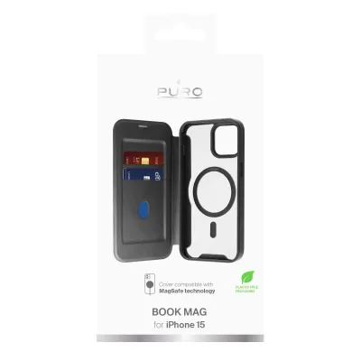 PURO - Puzdro Book Wallet Mag kompatibilné s MagSafe pre iPhone 15, čierna