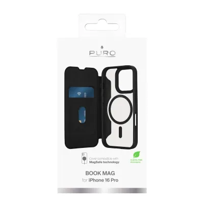 PURO - Puzdro Book Wallet Mag 2 kompatibilné s MagSafe pre iPhone 16 Pro, čierna