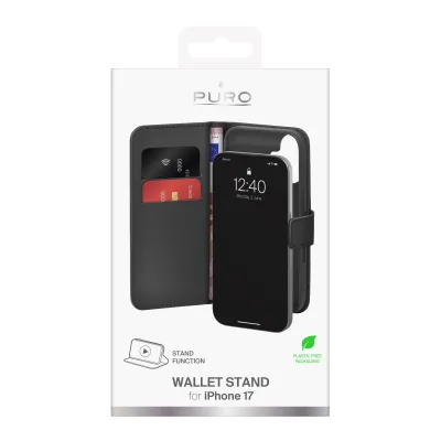 PURO - Puzdro Wallet Stand pre iPhone 17, odnímateľné, čierna