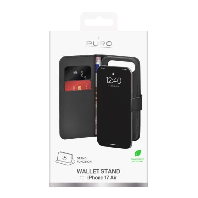 PURO - Puzdro Wallet Stand pre iPhone 17 Air, odnímateľné, čierna