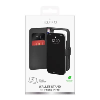 PURO - Puzdro Wallet Stand pre iPhone 17 Pro, odnímateľné, čierna
